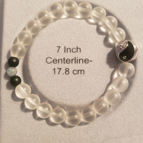 Opalite, Onyx & Aquamarine Handcrafted Beaded  Yin Yang Bracelet - Picture 10 of 11